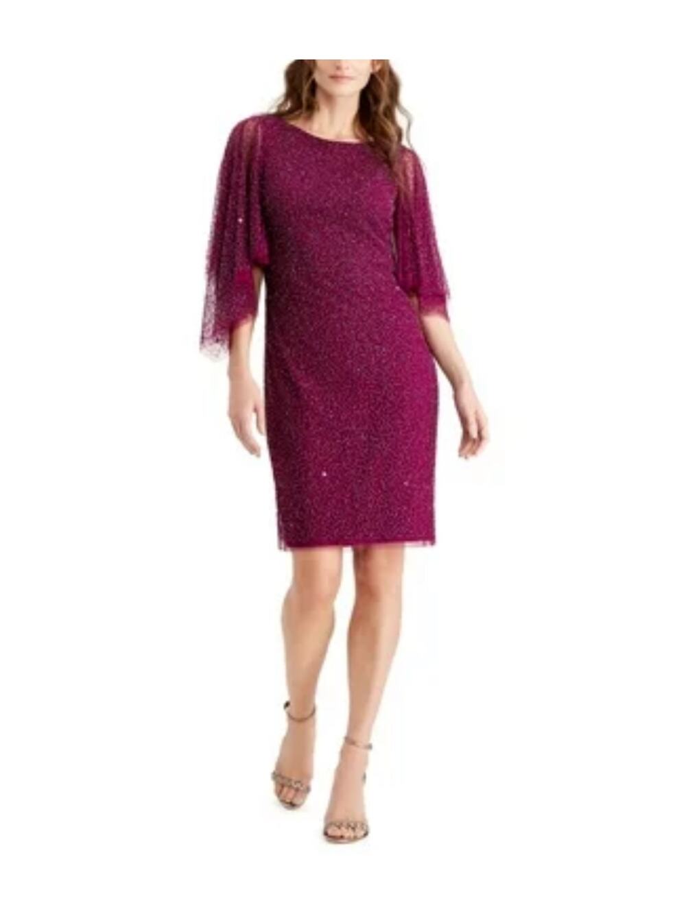 Adrianna Papell Pink Cocktail Dress Beaded Long Flutter Sleeve Sheath Size 4